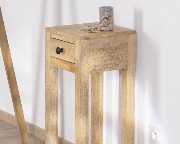 Mesita de noche alta o con repisa y un cajón «Manoha» de madera de mango, 70 cm de altura