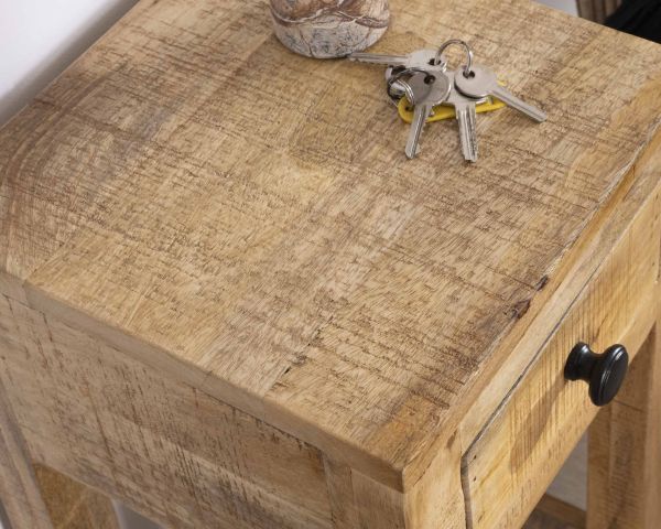 Mesita de noche alta o con repisa y un cajón «Manoha» de madera de mango, 70 cm de altura