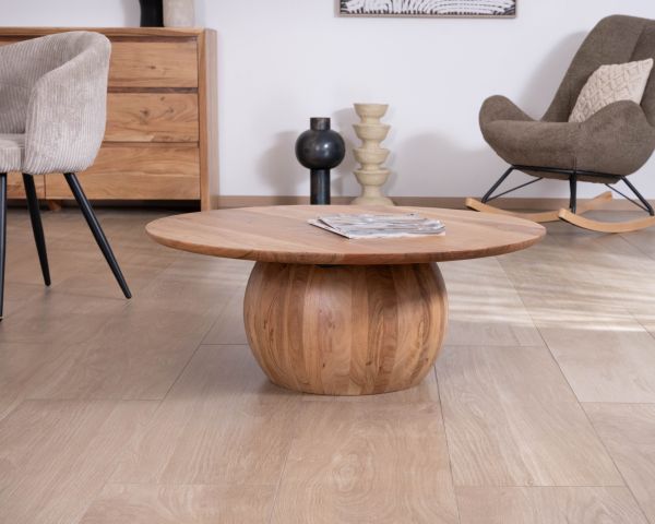 Mesa de centro de diseño, redonda, de madera maciza de acacia, con pata esférica «Voluto»