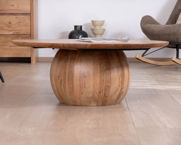 Mesa de centro de diseño, redonda, de madera maciza de acacia, con pata esférica «Voluto»