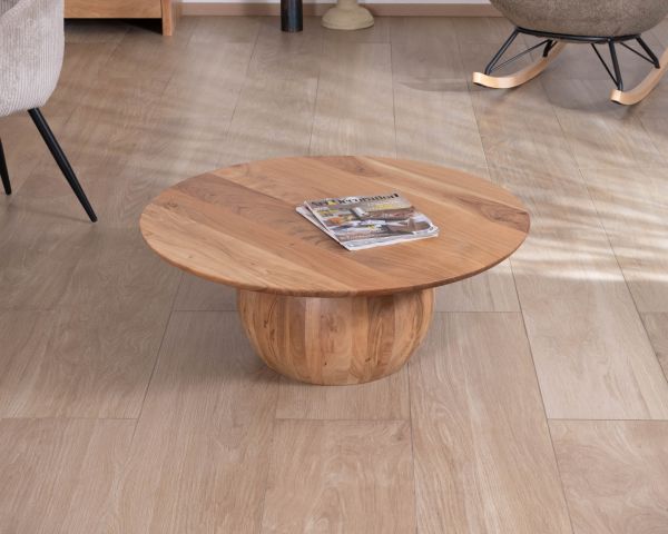 Mesa de centro de diseño, redonda, de madera maciza de acacia, con pata esférica «Voluto»