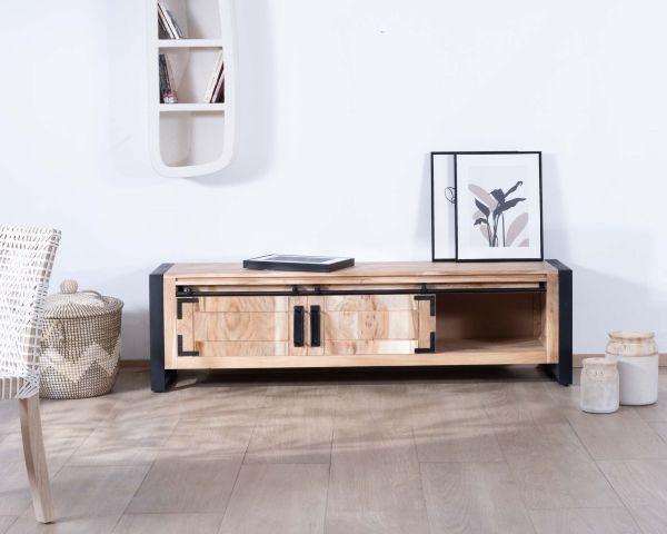 Mueble para televisión de estilo industrial de 180 cm, de madera y metal, con 2 puertas y 2 compartimentos «Montréal»