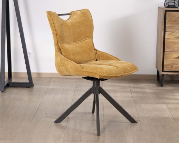 Lote de 2 sillas de tela amarillo mostaza con base giratoria de metal «Biorg», estilo retro