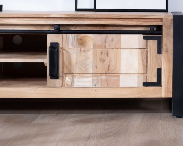 Mueble para televisión de estilo industrial de 180 cm, de madera y metal, con 2 puertas y 2 compartimentos «Montréal»