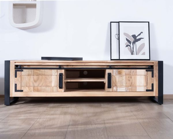 Mueble para televisión de estilo industrial de 180 cm, de madera y metal, con 2 puertas y 2 compartimentos «Montréal»
