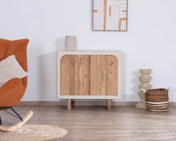 Pequeño mueble de almacenamiento de diseño, fabricado en madera de acacia natural y con acabado «Miona» con aspecto de hormigón lijado