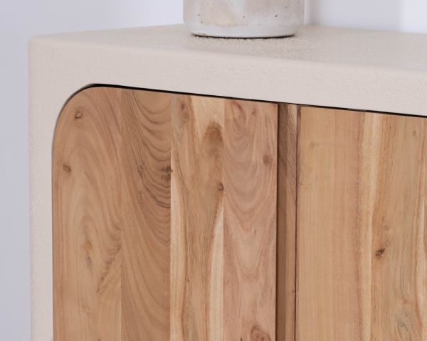 Pequeño mueble de almacenamiento de diseño, fabricado en madera de acacia natural y con acabado «Miona» con aspecto de hormigón lijado