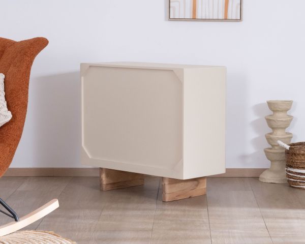 Pequeño mueble de almacenamiento de diseño, fabricado en madera de acacia natural y con acabado «Miona» con aspecto de hormigón lijado