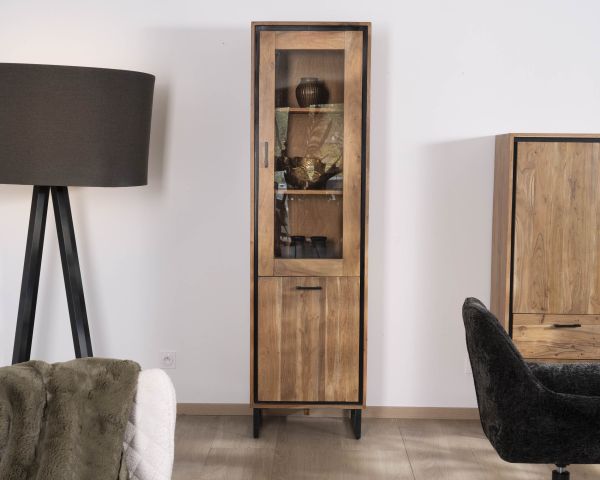 Vitrina de estilo industrial de madera de acacia «Baltik» con cristal tintado en marrón