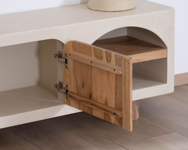 Mueble de televisión contemporáneo con acabado de hormigón pulido y madera de acacia «Miona»