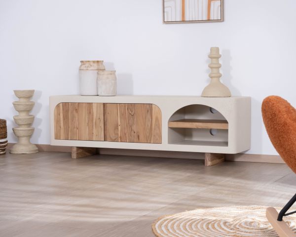 Mueble de televisión contemporáneo con acabado de hormigón pulido y madera de acacia «Miona»