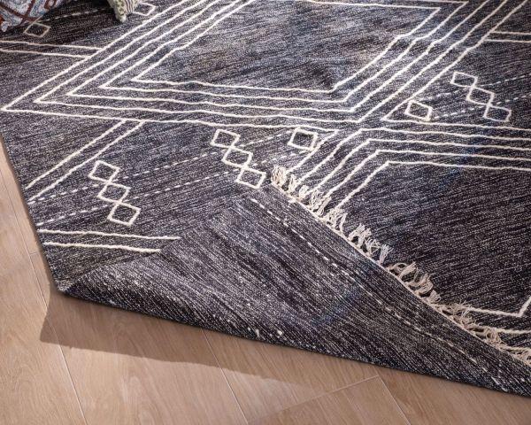 Alfombra de lana y algodón negra con motivo étnico «Solira», 120 x 180 cm