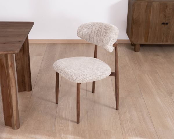 Lote de 2 sillas de comedor retro de tela tejida en tonos beige y marrón «Arpège», con patas de metal con acabado en nogal