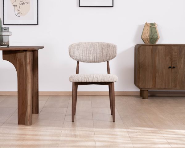 Lote de 2 sillas de comedor retro de tela tejida en tonos beige y marrón «Arpège», con patas de metal con acabado en nogal