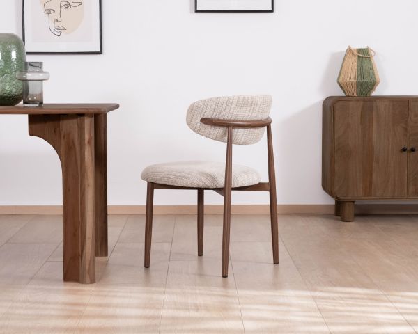 Lote de 2 sillas de comedor retro de tela tejida en tonos beige y marrón «Arpège», con patas de metal con acabado en nogal