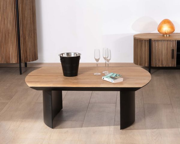 Mesa de salón de teca reciclada con patas semiesféricas de metal negro «Troms», 120 cm