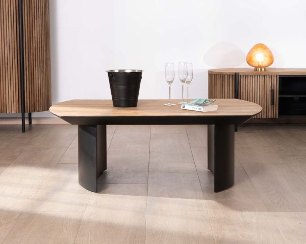 Mesa de salón de teca reciclada con patas semiesféricas de metal negro «Troms», 120 cm