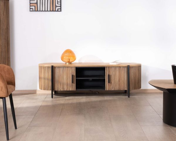 Mueble de televisión redondeado con frentes acanalados de teca reciclada «Troms», 160 cm
