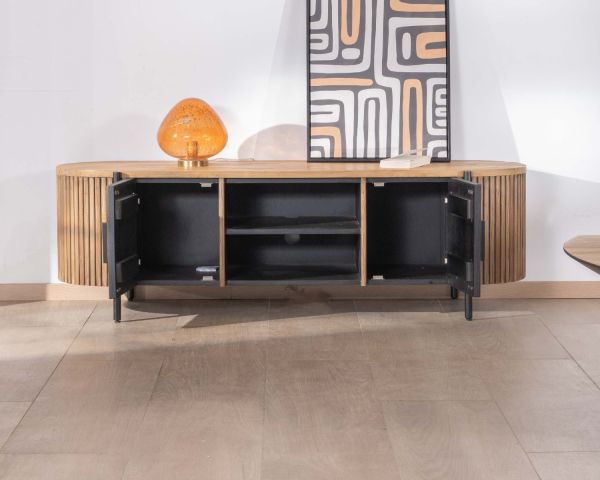 Mueble de televisión redondeado con frentes acanalados de teca reciclada «Troms», 160 cm