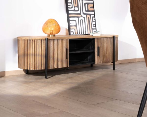 Mueble de televisión redondeado con frentes acanalados de teca reciclada «Troms», 160 cm