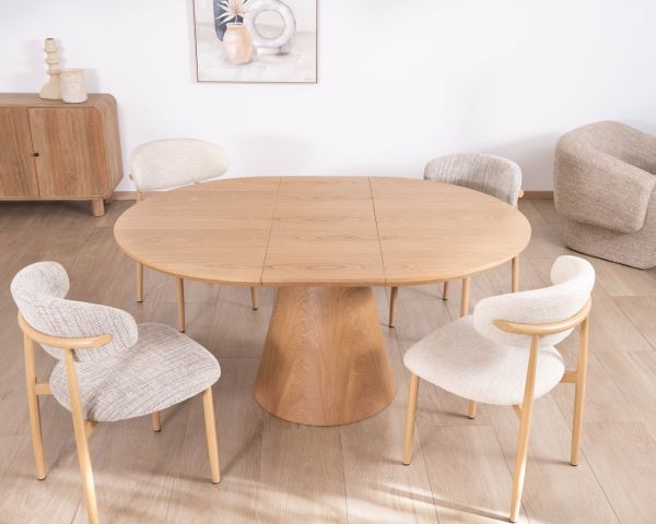 Mesa de comedor redonda de 120 cm, extensible hasta 160 cm, modelo «Oria», de estilo minimalista y acabado en fresno
