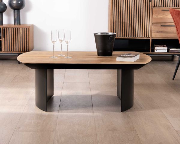 Mesa de salón de teca reciclada con patas semiesféricas de metal negro «Troms», 120 cm
