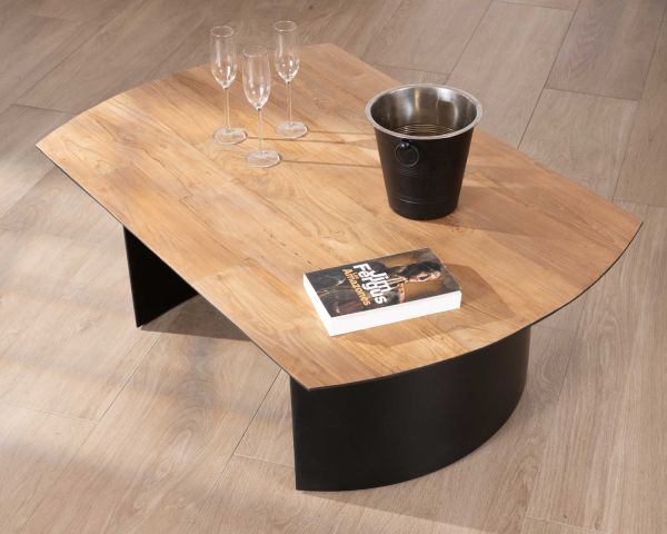 Mesa de salón de teca reciclada con patas semiesféricas de metal negro «Troms», 120 cm