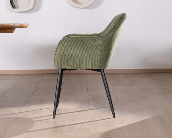 Silla contemporánea con reposabrazos «Scotty», de terciopelo verde caqui y patas de metal negro