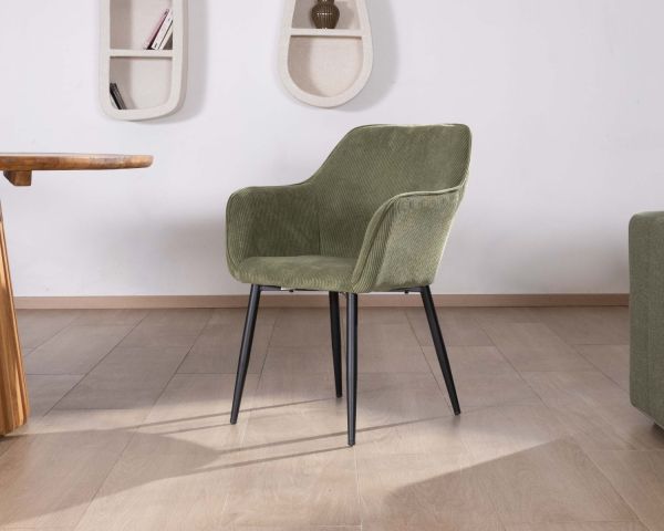 Silla contemporánea con reposabrazos «Scotty», de terciopelo verde caqui y patas de metal negro