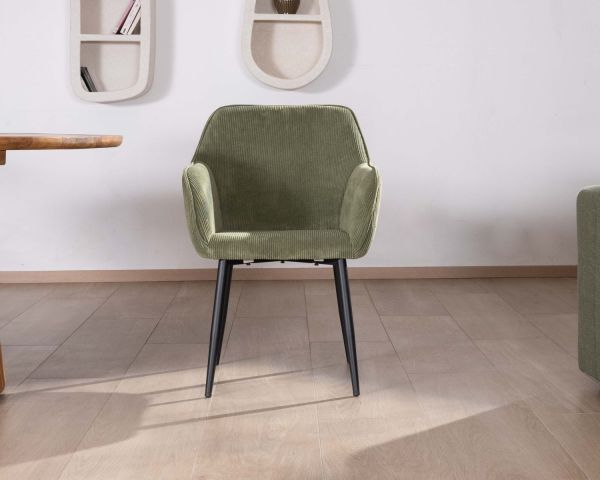Silla contemporánea con reposabrazos «Scotty», de terciopelo verde caqui y patas de metal negro