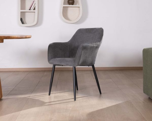 Silla de comedor contemporánea de terciopelo gris oscuro «Scotty», con reposabrazos y patas de metal negro