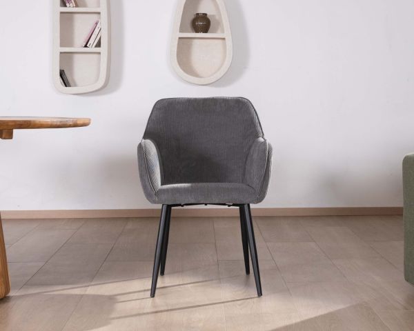 Silla de comedor contemporánea de terciopelo gris oscuro «Scotty», con reposabrazos y patas de metal negro
