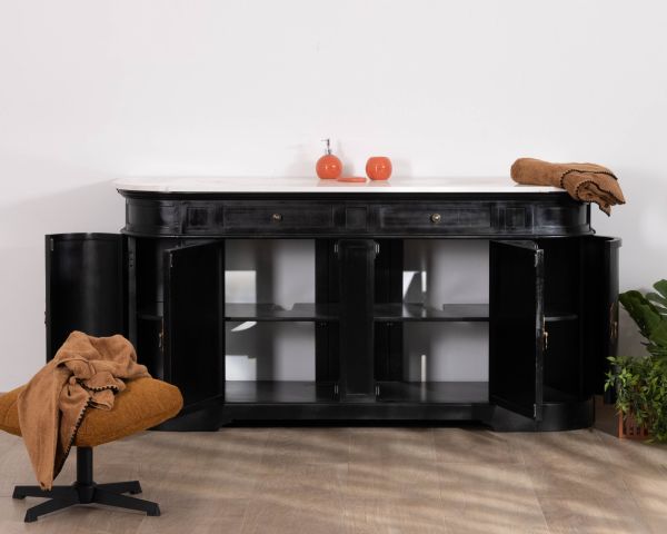 Mueble de doble lavabo con esquinas redondeadas, de madera negra y cuarzo blanco «Églantine»