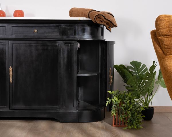 Mueble de doble lavabo con esquinas redondeadas, de madera negra y cuarzo blanco «Églantine»