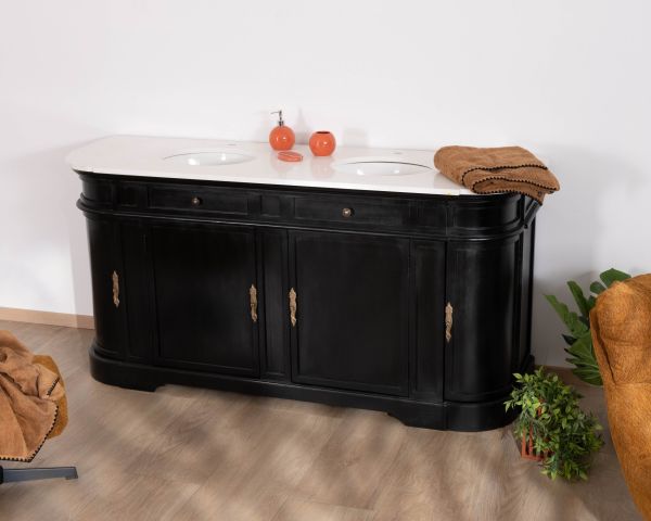 Mueble de doble lavabo con esquinas redondeadas, de madera negra y cuarzo blanco «Églantine»