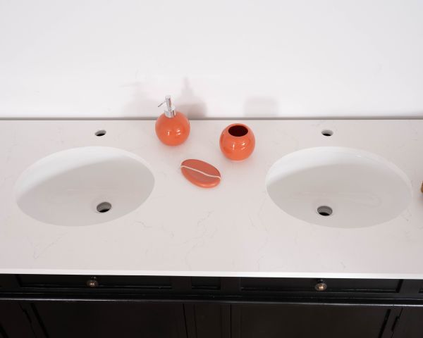 Mueble de doble lavabo con esquinas redondeadas, de madera negra y cuarzo blanco «Églantine»