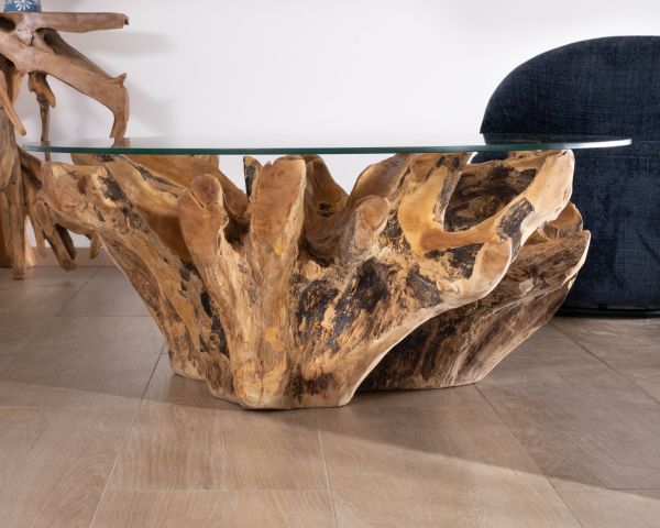 Mesa de salón redonda de 110 cm de raíz de teca maciza con tablero de cristal «Kanoa»
