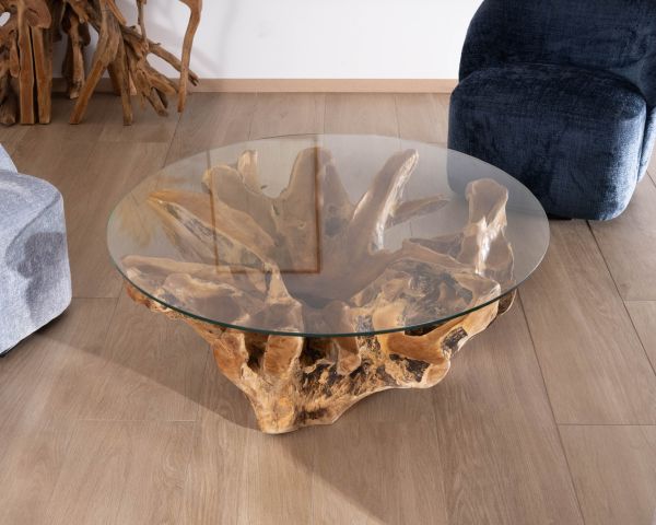 Mesa de salón redonda de 110 cm de raíz de teca maciza con tablero de cristal «Kanoa»