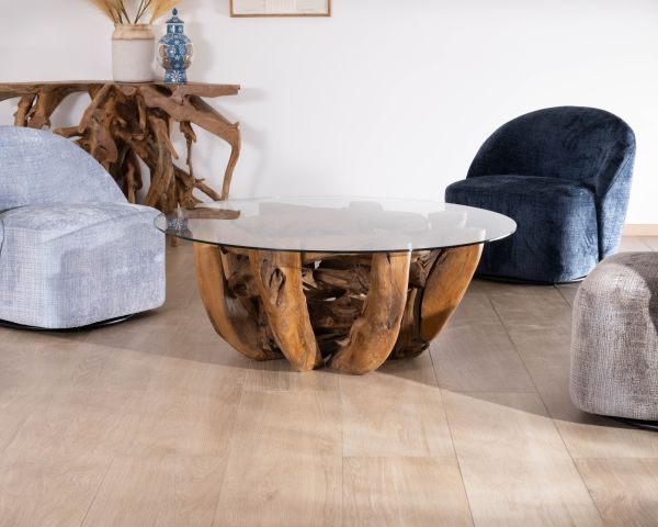 Mesa de centro redonda de madera de teca flotada y tablero de cristal «Kanoa», 120 cm