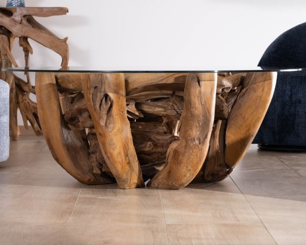 Mesa de centro redonda de madera de teca flotada y tablero de cristal «Kanoa», 120 cm