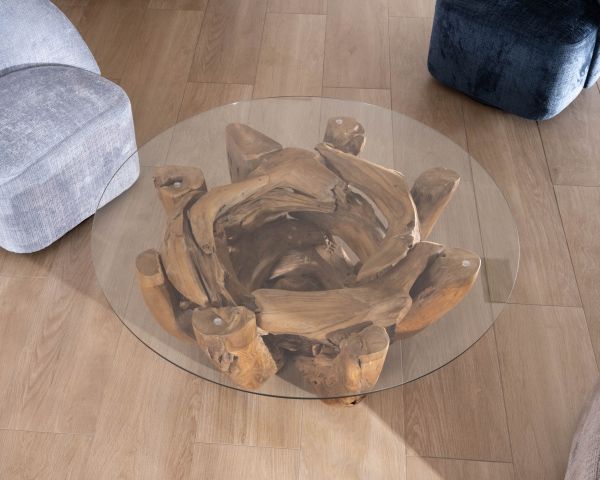 Mesa de centro redonda de madera de teca flotada y tablero de cristal «Kanoa», 120 cm