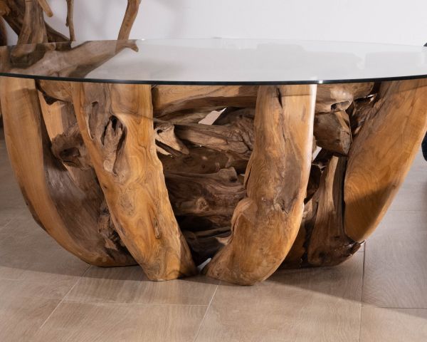 Mesa de centro redonda de madera de teca flotada y tablero de cristal «Kanoa», 120 cm