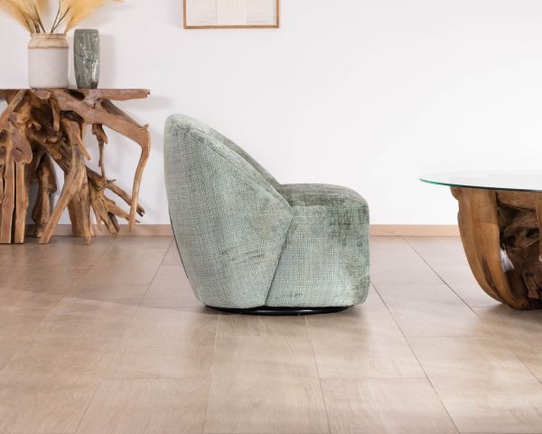 Sillón giratorio de tejido rizado sedoso en color verde salvia «Marylin»