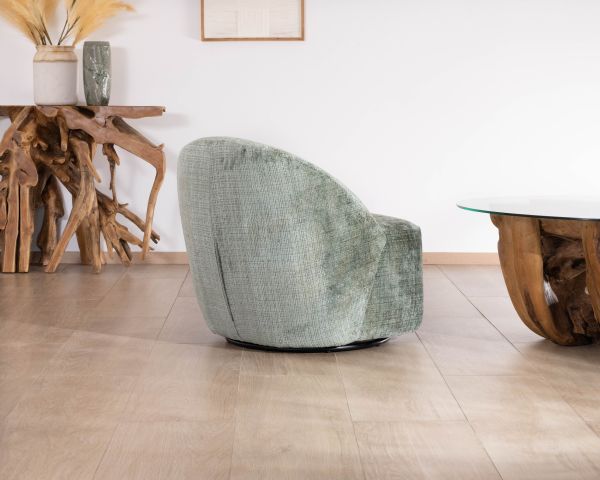 Sillón giratorio de tejido rizado sedoso en color verde salvia «Marylin»