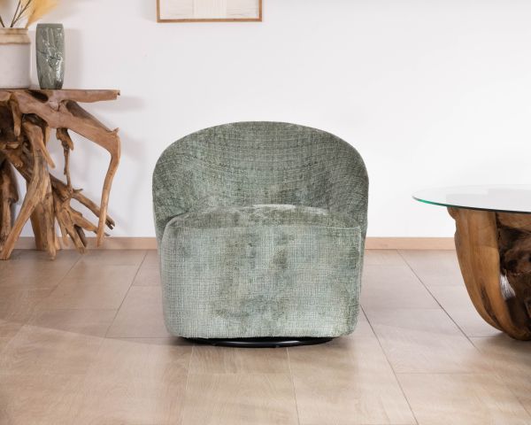 Sillón giratorio de tejido rizado sedoso en color verde salvia «Marylin»