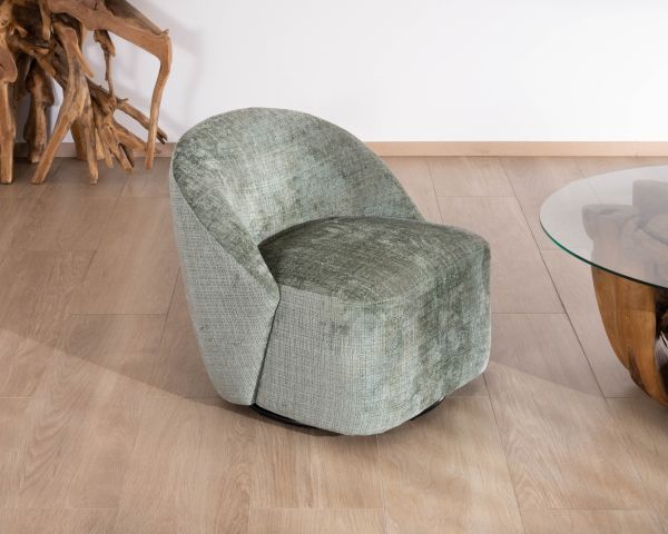 Sillón giratorio de tejido rizado sedoso en color verde salvia «Marylin»
