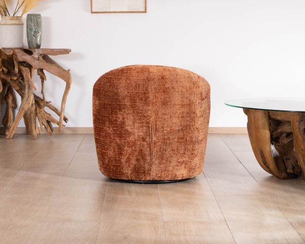 Sillón de diseño, acogedor, tapizado en tejido rizado color tierra de Siena «Marylin», con base giratoria de 360°