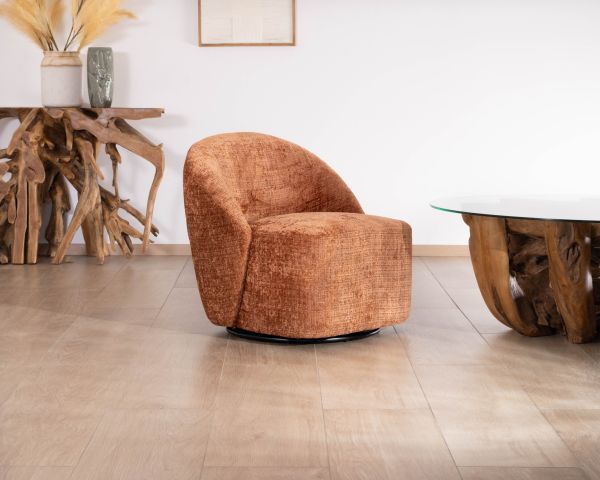Sillón de diseño, acogedor, tapizado en tejido rizado color tierra de Siena «Marylin», con base giratoria de 360°