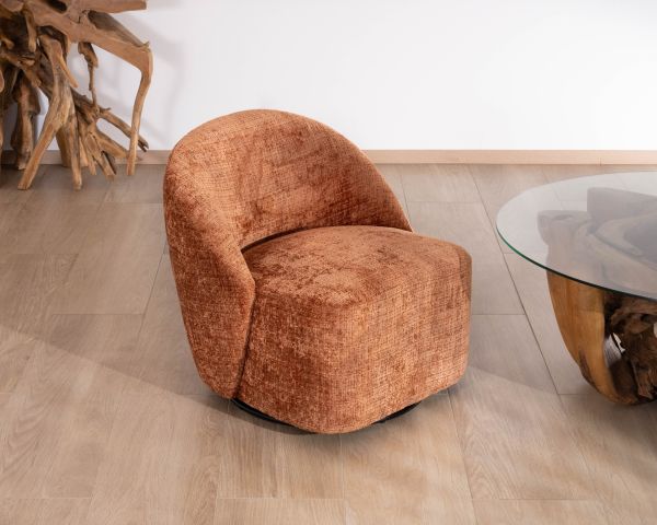 Sillón de diseño, acogedor, tapizado en tejido rizado color tierra de Siena «Marylin», con base giratoria de 360°