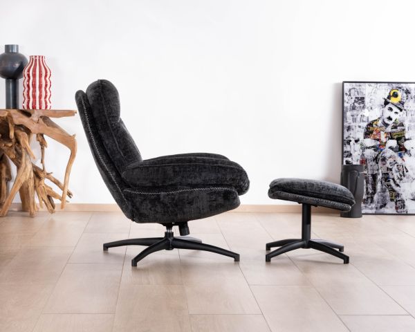 Cómodo sillón giratorio de estilo retro, tapizado en tela gris «Branson», con puf